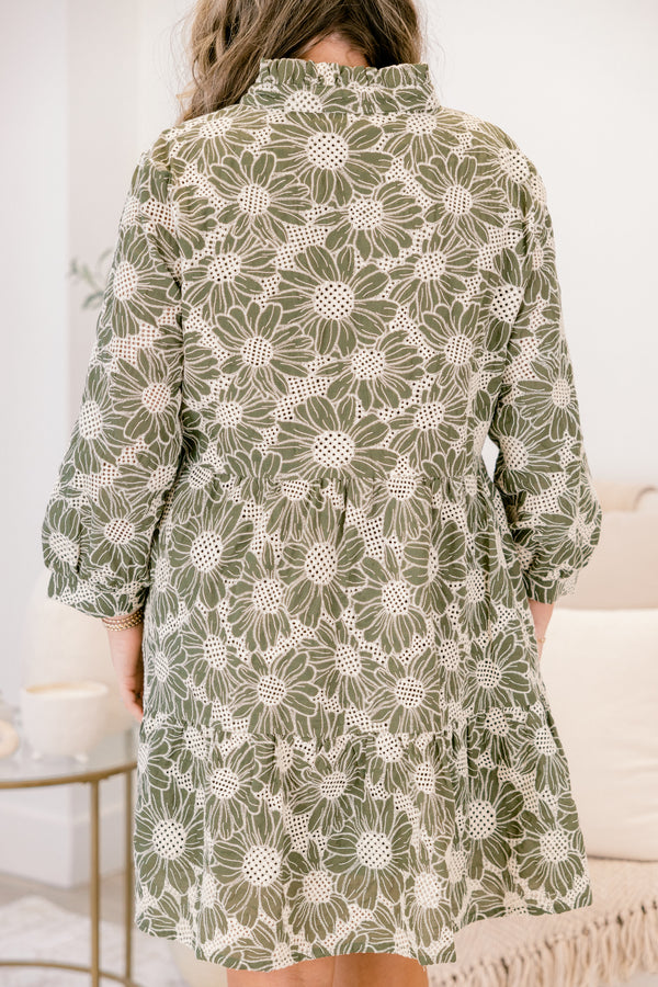 Chic Soul plus size clothing, green and white floral pattern short dress with midi puff sleeves and v-neckline