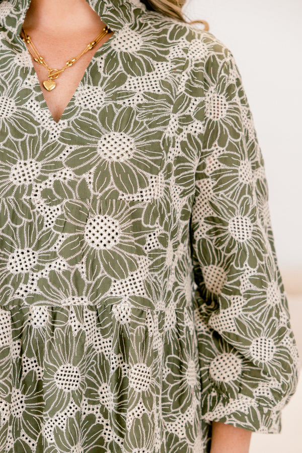 Chic Soul plus size clothing, green and white floral pattern short dress with midi puff sleeves and v-neckline