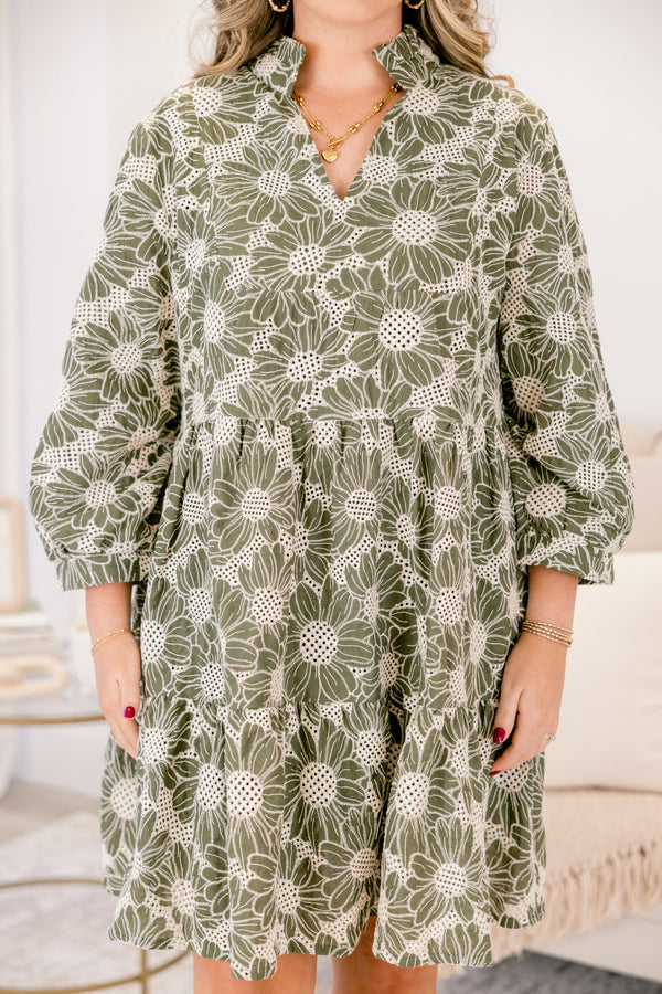 Chic Soul plus size clothing, green and white floral pattern short dress with midi puff sleeves and v-neckline