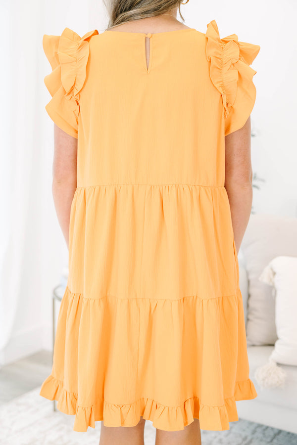 Chic Soul plus size clothing, apricot orange short-ruffle sleeve rounded-pleated neckline short tiered dress with button keyhole on back