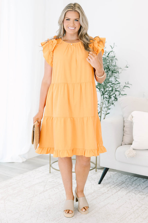 Chic Soul plus size clothing, apricot orange short-ruffle sleeve rounded-pleated neckline short tiered dress with button keyhole on back