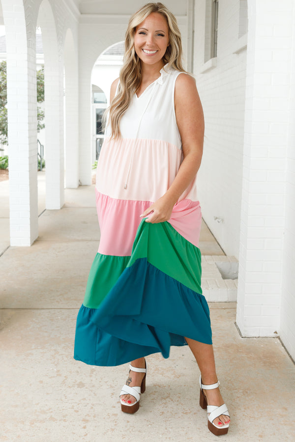 Chic Soul plus size clothing, multicolor colorblock style tiered midi dress with ruffle neckline and tie strings