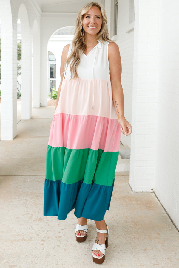 Chic Soul plus size clothing, multicolor colorblock style tiered midi dress with ruffle neckline and tie strings