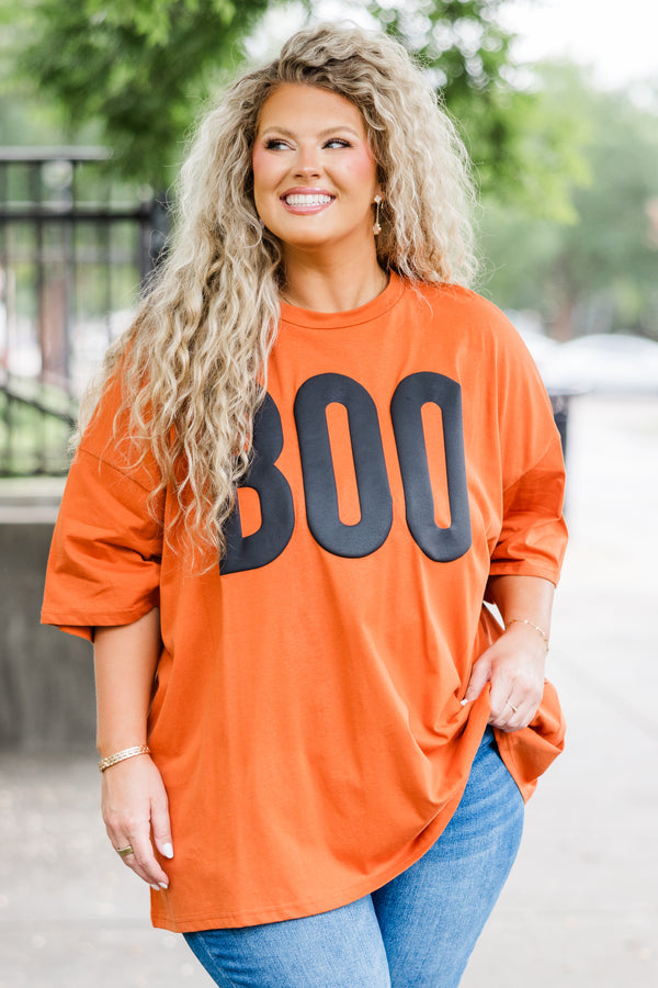 Chic Soul plus size clothing, orange short sleeve boyfriend tee with 