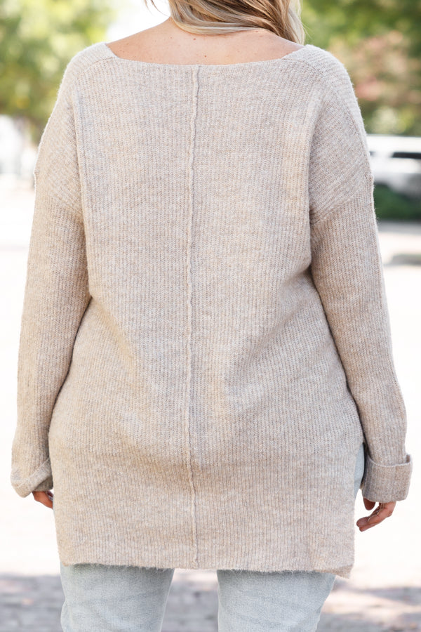 Chic Soul plus size clothing, beige textured sweater with a split hem and low neckline