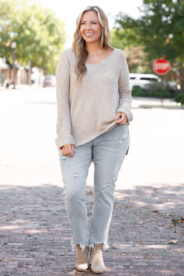 Chic Soul plus size clothing, beige textured sweater with a split hem and low neckline
