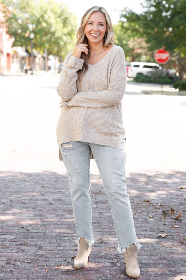 Chic Soul plus size clothing, beige textured sweater with a split hem and low neckline