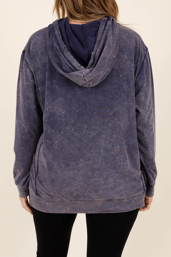 Chic Soul plus size clothing, navy colored acid wash hoodie with vintage looking seams and style
