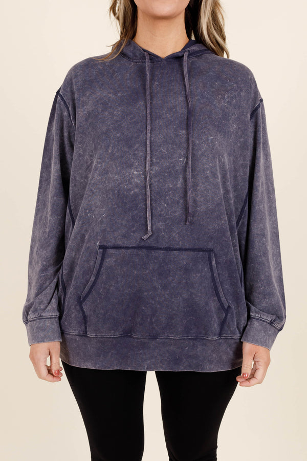Chic Soul plus size clothing, navy colored acid wash hoodie with vintage looking seams and style