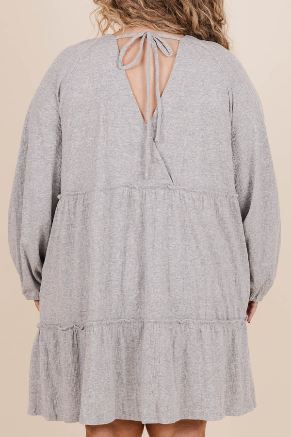Chic Soul plus size clothing, grey colored long sleeve flowy dress with layered ruffle detailing +soft textured material