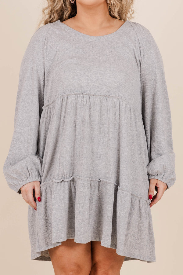 Chic Soul plus size clothing, grey colored long sleeve flowy dress with layered ruffle detailing +soft textured material