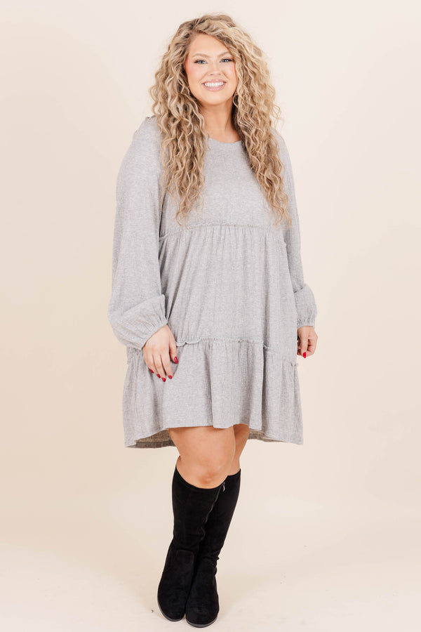Chic Soul plus size clothing, grey colored long sleeve flowy dress with layered ruffle detailing +soft textured material