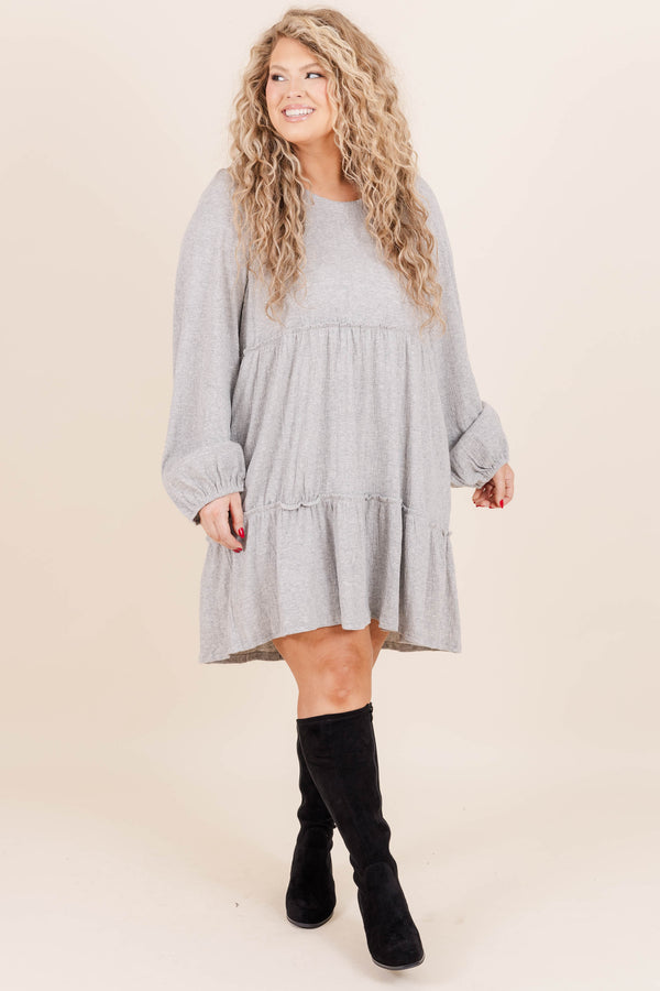 Chic Soul plus size clothing, grey colored long sleeve flowy dress with layered ruffle detailing +soft textured material