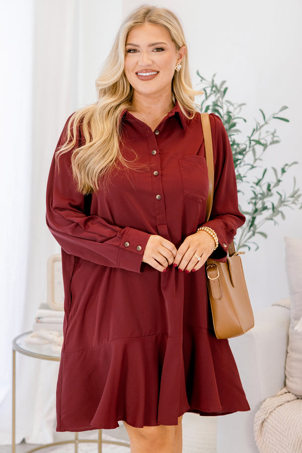 Chic Soul plus size clothing, short burgundy dress with drop waist