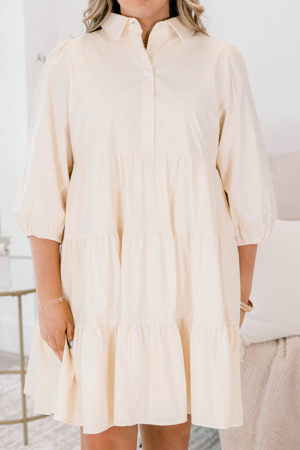 Chic Soul plus size clothing, cream long sleeve short tiered baby doll dress with buttons 1/4 of the way down and a collar