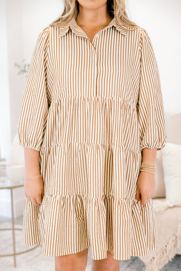 Chic Soul plus size clothing, white and tan stripe mid sleeve short dress with tiered skirt and collar