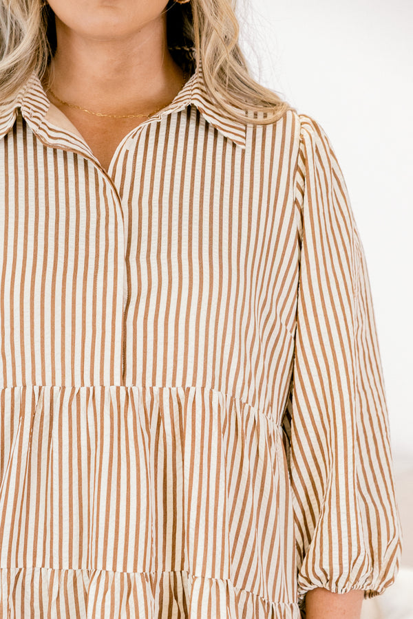 Chic Soul plus size clothing, white and tan stripe mid sleeve short dress with tiered skirt and collar