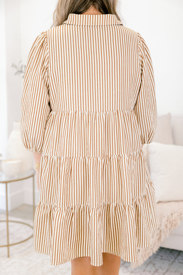 Chic Soul plus size clothing, white and tan stripe mid sleeve short dress with tiered skirt and collar