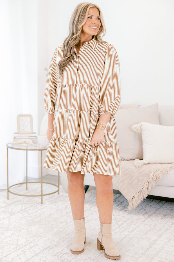 Chic Soul plus size clothing, white and tan stripe mid sleeve short dress with tiered skirt and collar