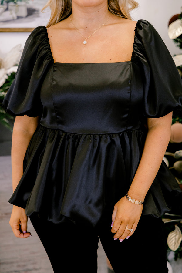 Chic Soul plus size clothing, black square neck puff short sleeve baby doll top

