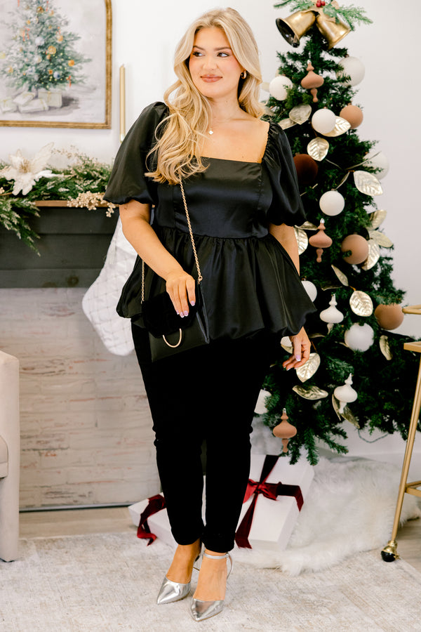 Chic Soul plus size clothing, black square neck puff short sleeve baby doll top
