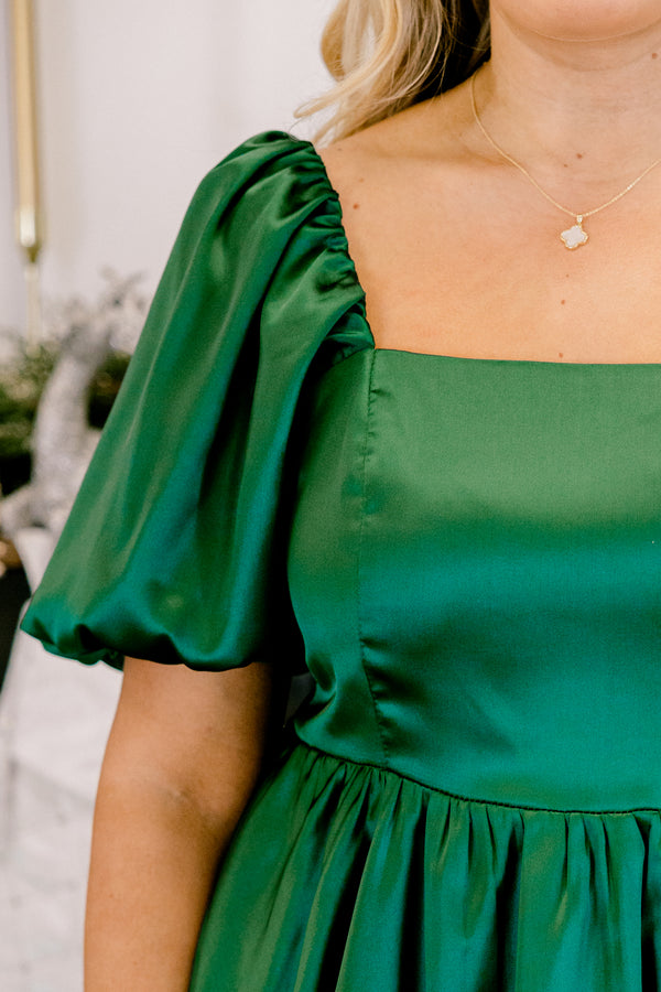 Chic Soul plus size clothing, shiny green short bubble sleeve square neck baby doll top