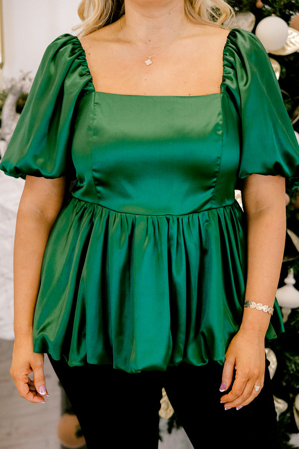 Chic Soul plus size clothing, shiny green short bubble sleeve square neck baby doll top