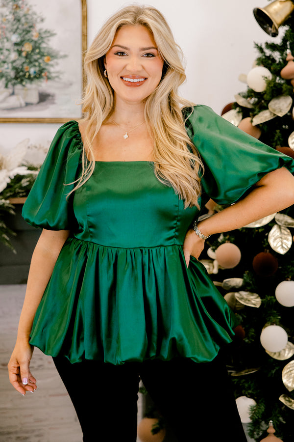 Chic Soul plus size clothing, shiny green short bubble sleeve square neck baby doll top