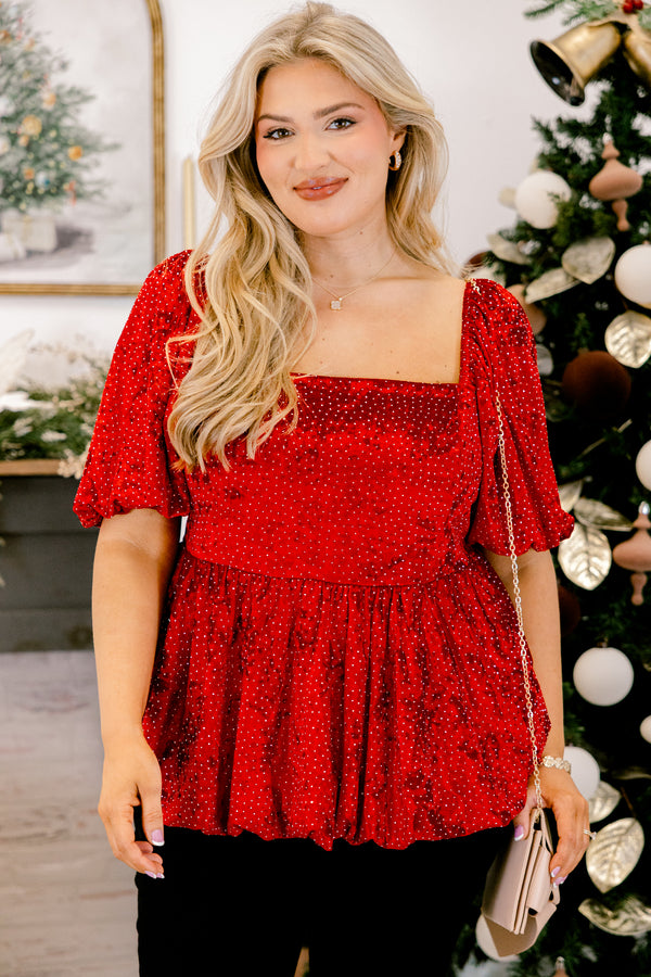 Chic Soul plus size clothing, red and gold small polka dot velour short puff sleeve baby doll top