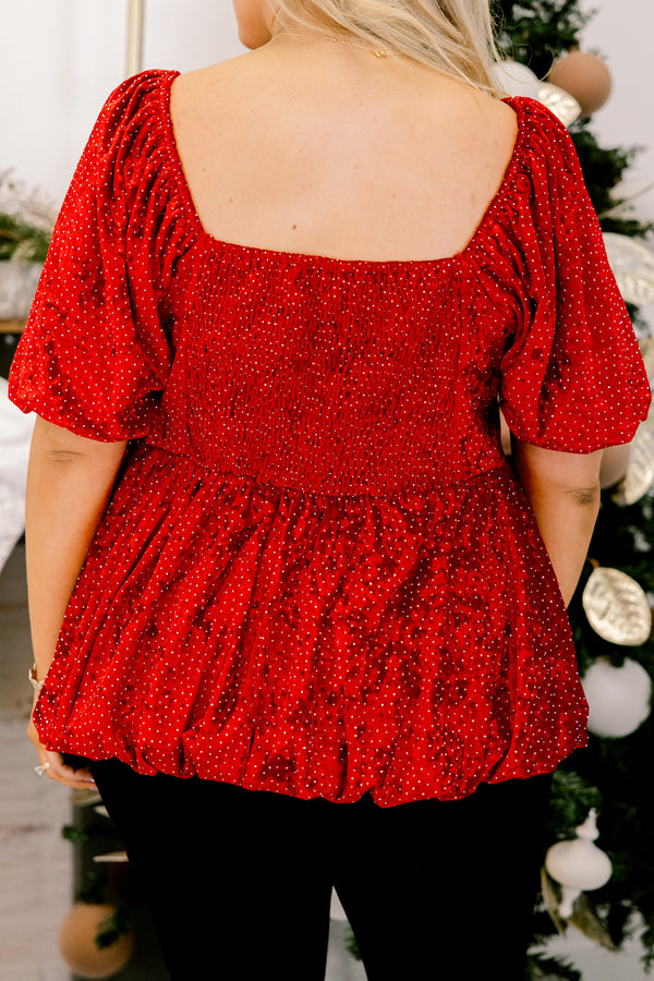 Chic Soul plus size clothing, red and gold small polka dot velour short puff sleeve baby doll top
