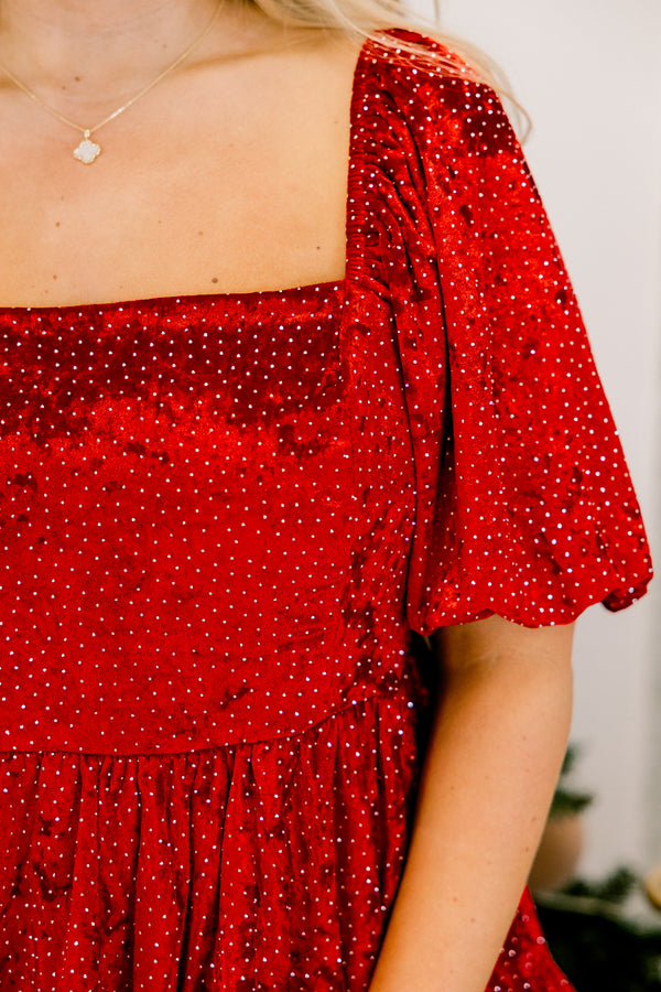 Chic Soul plus size clothing, red and gold small polka dot velour short puff sleeve baby doll top