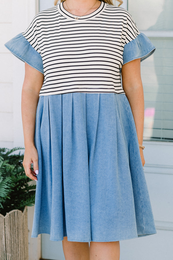 Chic Soul plus size clothing, short-sleeve denim light wash color block baby doll dress with a high-scoop-neckline and a white and black striped bodice 