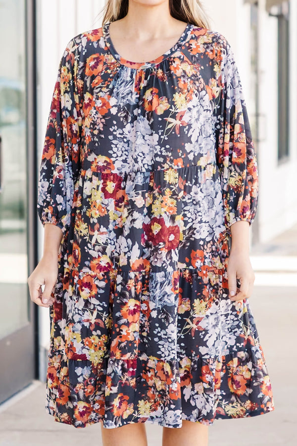 Chic Soul plus size clothing, floral pattern flowy tiered midi dress with cuffed bubble sleeves