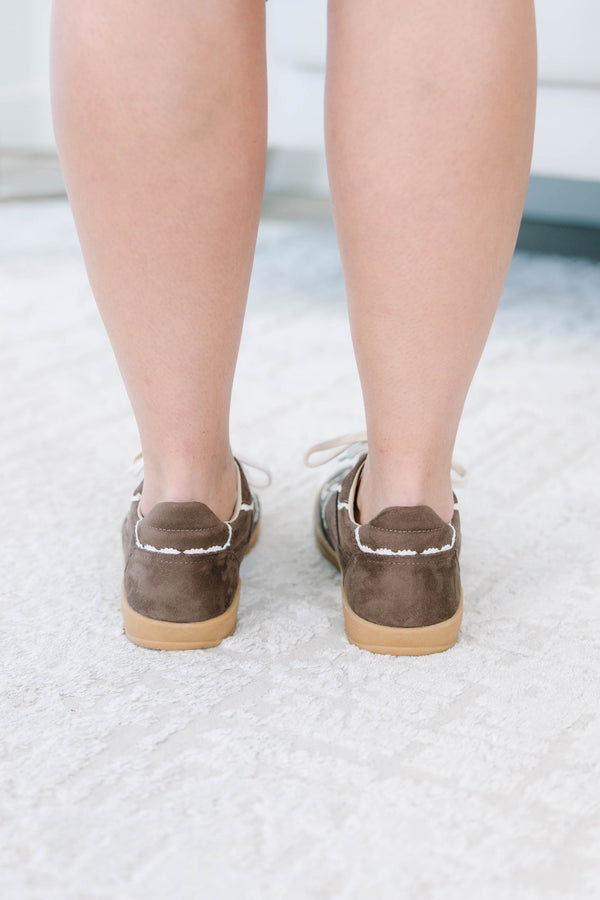 Plus size brown suede sneakers with white frayed trim, gum soles, and lace-up front.