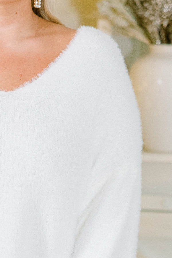 Chic Soul plus size clothing, white long sleeve fuzzy v neck sweater 