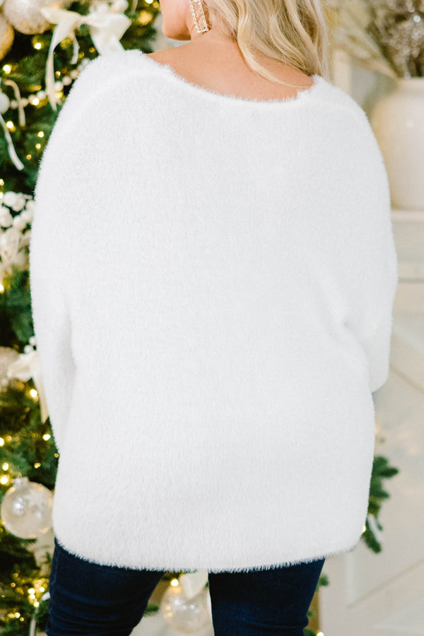 Chic Soul plus size clothing, white long sleeve fuzzy v neck sweater 