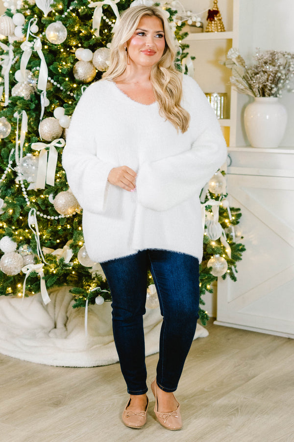 Chic Soul plus size clothing, white long sleeve fuzzy v neck sweater 