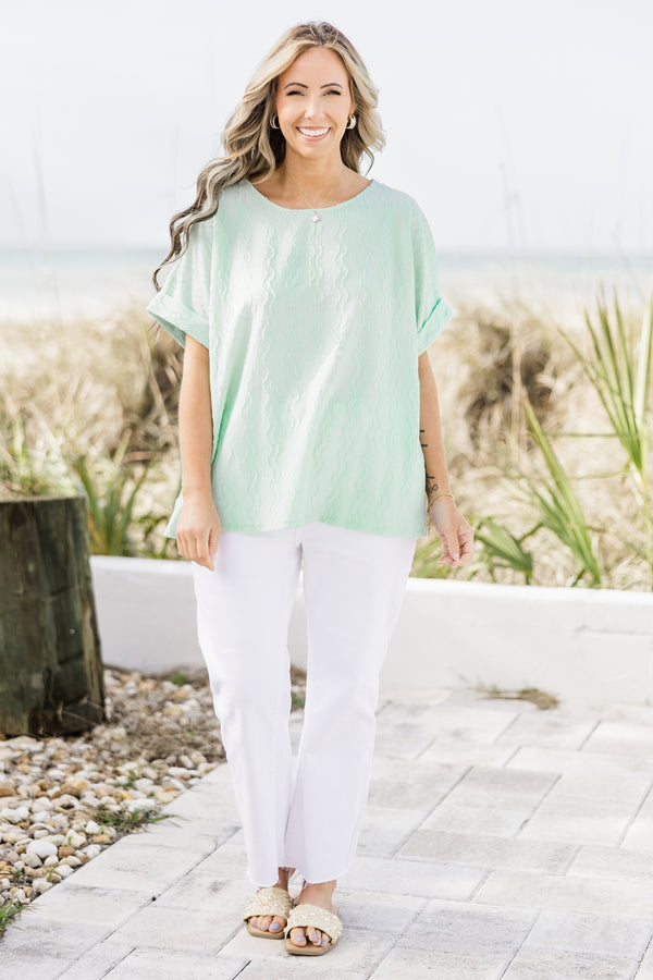 Chic Soul plus size clothing, mint green top with subtle vertical wavy line texture and rolled hem short sleeves