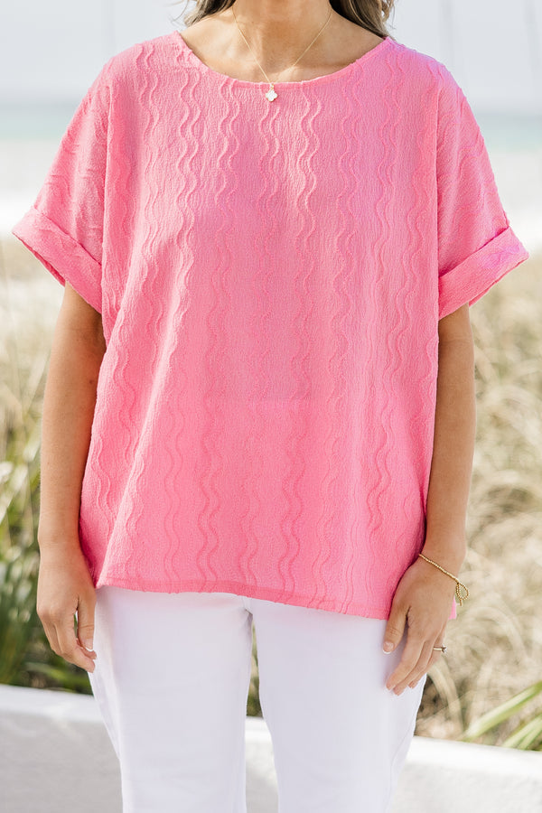 Chic Soul plus size clothing, flamingo pink top with subtle vertical wavy line texture and rolled hem short sleeves