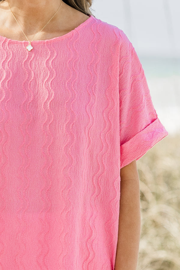 Chic Soul plus size clothing, flamingo pink top with subtle vertical wavy line texture and rolled hem short sleeves