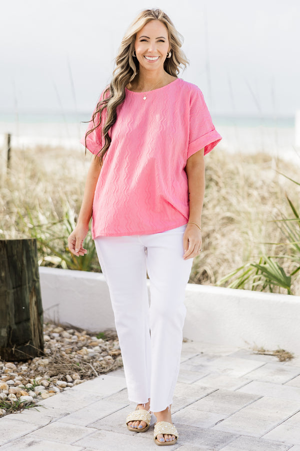 Chic Soul plus size clothing, flamingo pink top with subtle vertical wavy line texture and rolled hem short sleeves