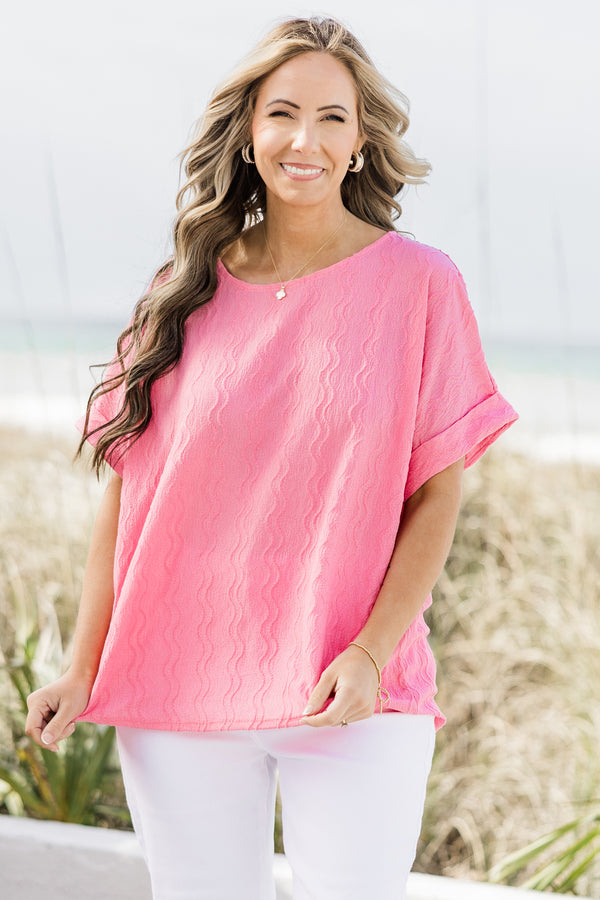 Chic Soul plus size clothing, flamingo pink top with subtle vertical wavy line texture and rolled hem short sleeves