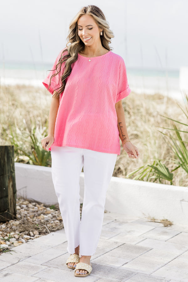 Chic Soul plus size clothing, flamingo pink top with subtle vertical wavy line texture and rolled hem short sleeves