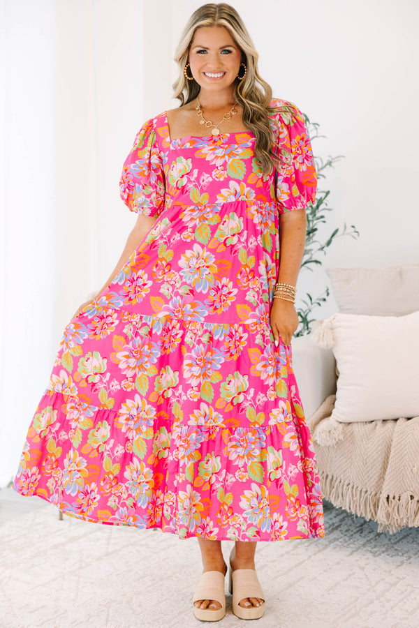 Plus Size fuchsia floral tiered midi dress with puff sleeves and a square neckline.