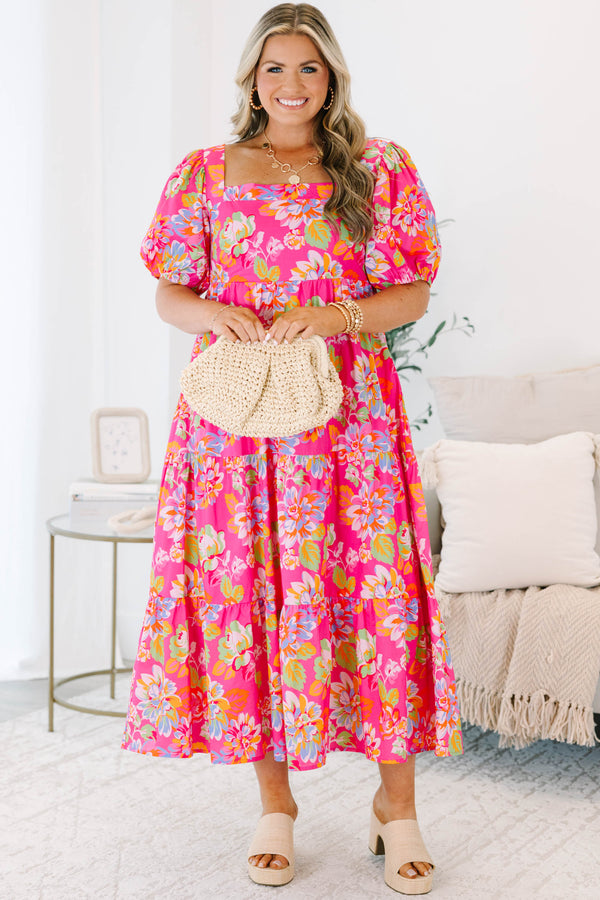 Plus Size fuchsia floral tiered midi dress with puff sleeves and a square neckline.