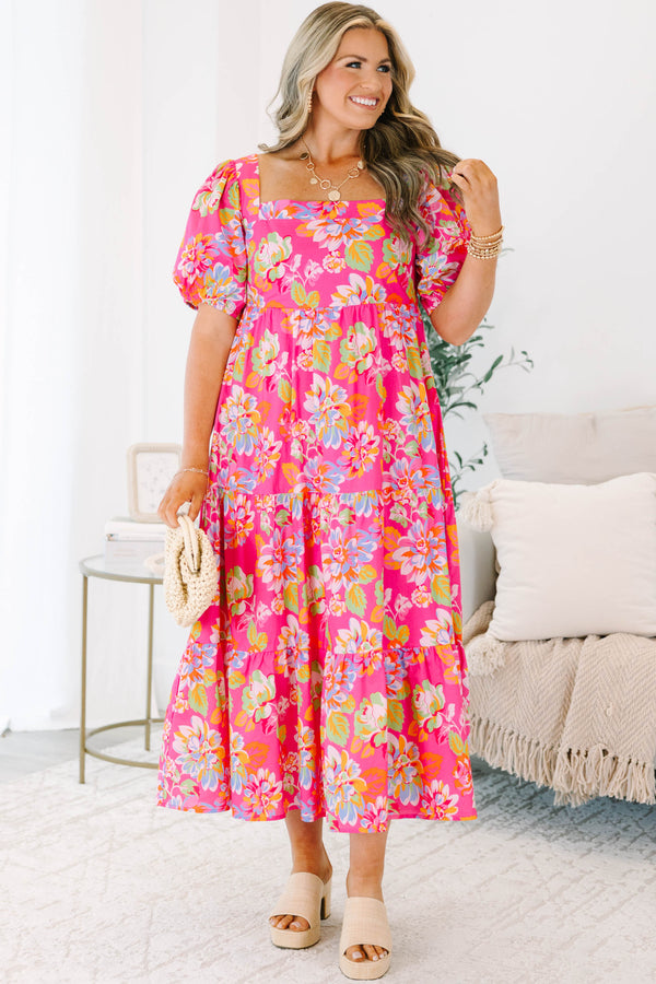Plus Size fuchsia floral tiered midi dress with puff sleeves and a square neckline.