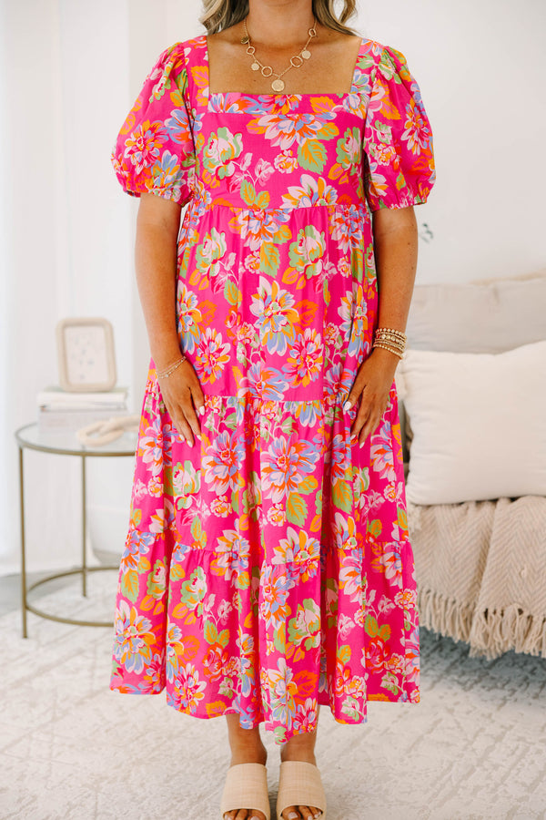 Plus Size fuchsia floral tiered midi dress with puff sleeves and a square neckline.