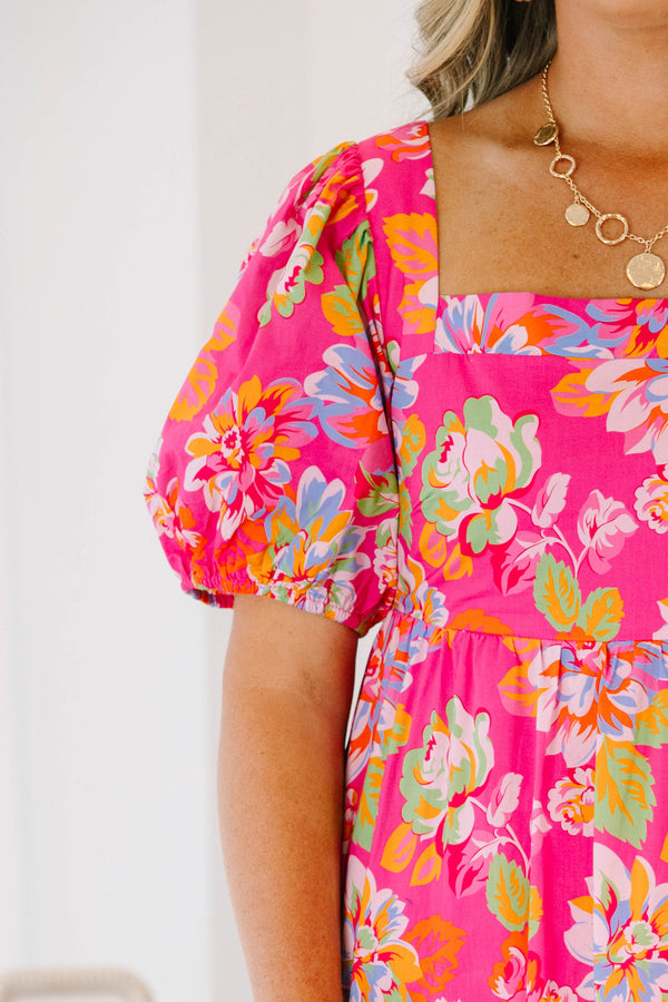 Plus Size fuchsia floral tiered midi dress with puff sleeves and a square neckline.