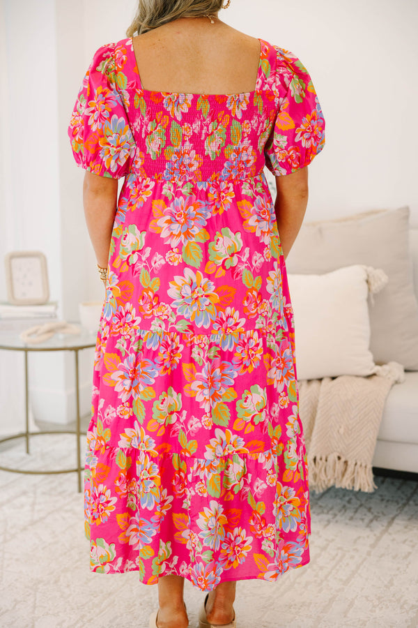 Plus Size fuchsia floral tiered midi dress with puff sleeves and a square neckline.