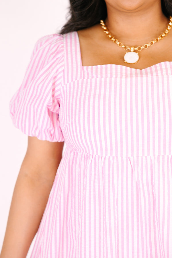 Chic Soul plus size clothing, light pink striped tiered maxi dress with bubble sleeves and a square neckline 
